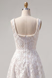 A-Line White Square Neck Pearl Short Homecoming Dress with Lace