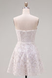 Strapless White A-Line Floral Pearl Lace Short Homecoming Dress with Bow