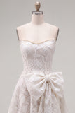 Strapless White A-Line Floral Pearl Lace Short Homecoming Dress with Bow