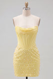 Strapless Yellow Corset Pearl Bodycon Homecoming Dress