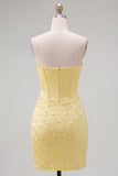 Strapless Yellow Corset Pearl Bodycon Homecoming Dress