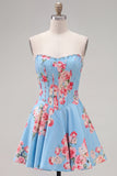 Strapless Yellow Pearl A-Line Corset Floral Homecoming Dress
