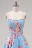 Strapless Yellow Pearl A-Line Corset Floral Homecoming Dress