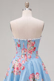 Strapless Yellow Pearl A-Line Corset Floral Homecoming Dress