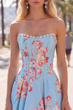 Strapless Yellow Pearl A-Line Corset Floral Homecoming Dress
