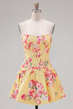 Strapless Yellow Pearl A-Line Corset Floral Homecoming Dress