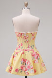 Strapless Yellow Pearl A-Line Corset Floral Homecoming Dress