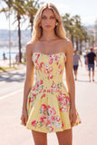 Strapless Yellow Pearl A-Line Corset Floral Homecoming Dress