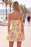 Strapless Yellow Pearl A-Line Corset Floral Homecoming Dress