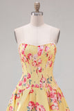 Strapless Yellow Pearl A-Line Corset Floral Homecoming Dress