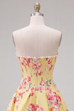Strapless Yellow Pearl A-Line Corset Floral Homecoming Dress