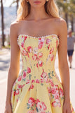 Strapless Yellow Pearl A-Line Corset Floral Homecoming Dress