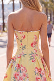 Strapless Yellow Pearl A-Line Corset Floral Homecoming Dress