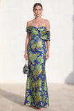 Off the Shoulder Navy Green Mermaid Jacquard Floral Long Mother Of the Bride Dress