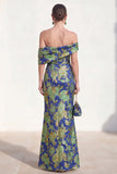 Off the Shoulder Navy Green Mermaid Jacquard Floral Long Mother Of the Bride Dress