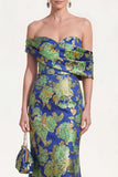 Off the Shoulder Navy Green Mermaid Jacquard Floral Long Mother Of the Bride Dress