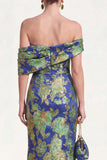 Off the Shoulder Navy Green Mermaid Jacquard Floral Long Mother Of the Bride Dress