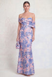Off the Shoulder Navy Green Mermaid Jacquard Floral Long Mother Of the Bride Dress