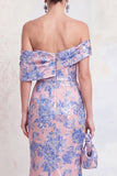Off the Shoulder Navy Green Mermaid Jacquard Floral Long Mother Of the Bride Dress