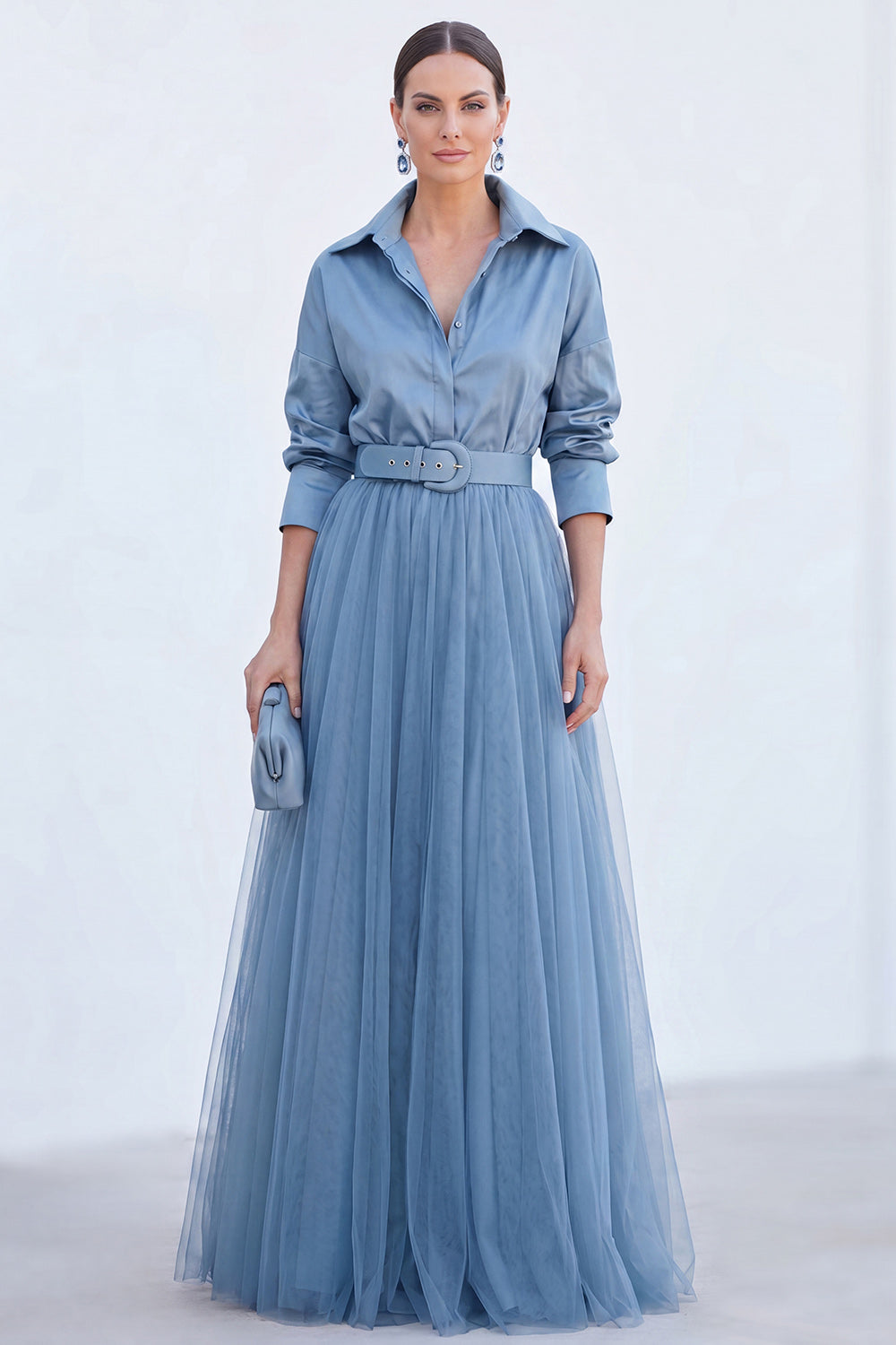 Zapaka Women Grey Blue A-Line Mother Of the Bride Dress with Belt Tulle Long Wedding Guest Dress, Grey Blue / US18W