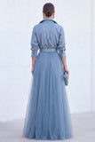 A-Line Grey Blue Tulle Long Mother Of the Bride Dress with Belt