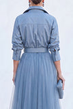 A-Line Grey Blue Tulle Long Mother Of the Bride Dress with Belt