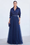 A-Line Grey Blue Tulle Long Mother Of the Bride Dress with Belt