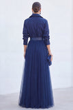 A-Line Grey Blue Tulle Long Mother Of the Bride Dress with Belt