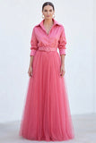 A-Line Grey Blue Tulle Long Mother Of the Bride Dress with Belt