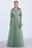 A-Line Grey Blue Tulle Long Mother Of the Bride Dress with Belt