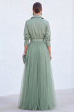 A-Line Grey Blue Tulle Long Mother Of the Bride Dress with Belt