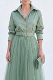 A-Line Grey Blue Tulle Long Mother Of the Bride Dress with Belt