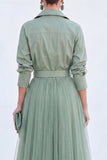 A-Line Grey Blue Tulle Long Mother Of the Bride Dress with Belt