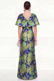 Pink Blue Mermaid V-Neck Jacquard Floral Long Mother Of the Bride Dress