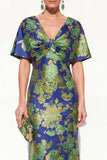 Pink Blue Mermaid V-Neck Jacquard Floral Long Mother Of the Bride Dress