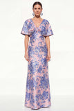 Pink Blue Mermaid V-Neck Jacquard Floral Long Mother Of the Bride Dress