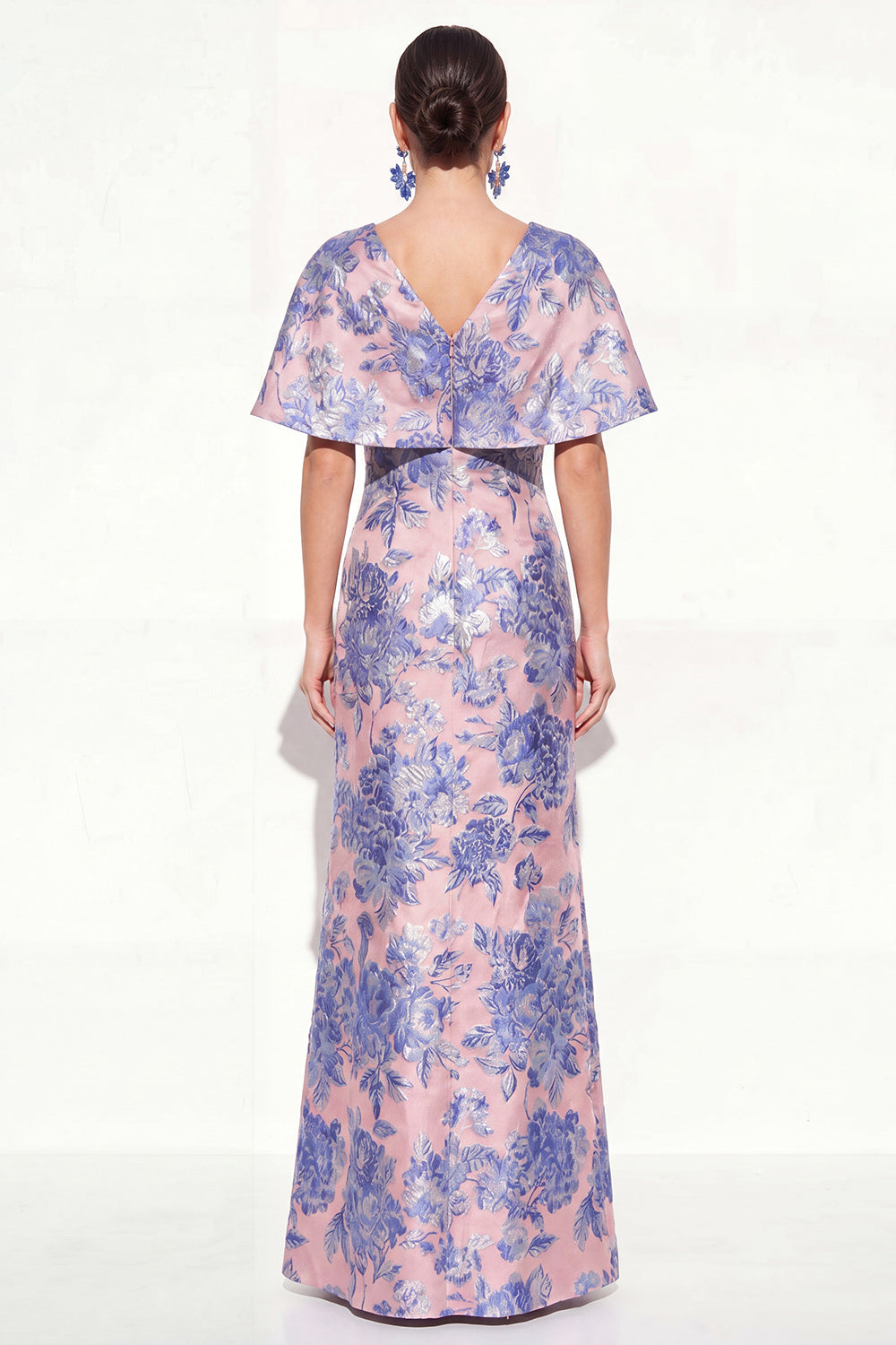 pink and blue wedding guest dress Leely Women Blue Pink A Line Floral Long Wedding Guest Dress V Neck Short Sleeves Formal Dress with Sach