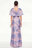 Pink Blue Mermaid V-Neck Jacquard Floral Long Mother Of the Bride Dress