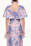 Pink Blue Mermaid V-Neck Jacquard Floral Long Mother Of the Bride Dress