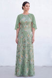 Green A-Line Beaded Round Neck Long Mother Of the Bride Dress with Cape