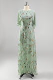 Green A-Line Beaded Round Neck Long Mother Of the Bride Dress with Cape