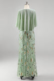Green A-Line Beaded Round Neck Long Mother Of the Bride Dress with Cape