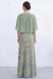 Green A-Line Beaded Round Neck Long Mother Of the Bride Dress with Cape