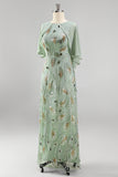 Green A-Line Beaded Round Neck Long Mother Of the Bride Dress with Cape