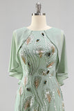 Green A-Line Beaded Round Neck Long Mother Of the Bride Dress with Cape