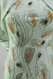 Green A-Line Beaded Round Neck Long Mother Of the Bride Dress with Cape