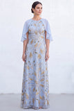 Green A-Line Beaded Round Neck Long Mother Of the Bride Dress with Cape