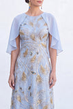 Green A-Line Beaded Round Neck Long Mother Of the Bride Dress with Cape