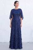 Green A-Line Beaded Round Neck Long Mother Of the Bride Dress with Cape