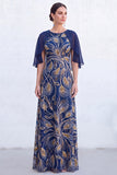 Green A-Line Beaded Round Neck Long Mother Of the Bride Dress with Cape